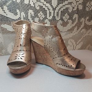 Marc Fisher Gold Leather Platform Wedges